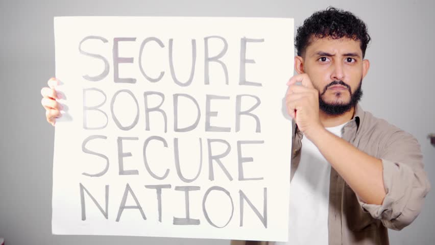 Adult young man with beard holding a banner protest. Latinx against illegal immigration