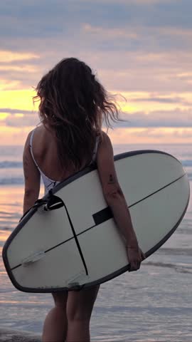 Woman Surfer With Surf Board At Summer Sea Nature Or Ocean Water On Background. Young Female Person Going To Coast Beach With Surfboard. Cute Adult Girl Moving On In Tranquility Of Wet Sandy Shoreline