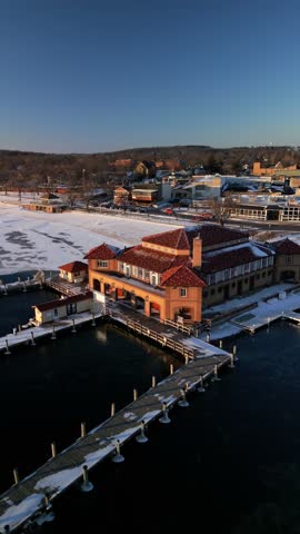 Beautiful Establishing Drone Shot Above the Riviera, Lake Geneva, Wisconsin. Winter Vertical