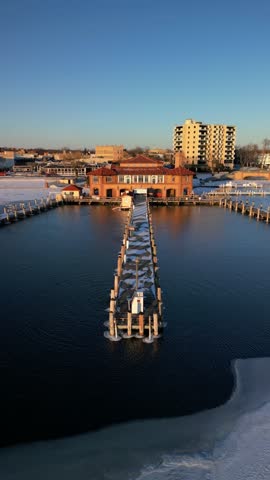 The Riviera at Lake Geneva, Wisconsin - Forward Vertical Drone Shot. Winter