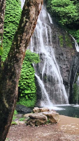 Green Nature of Mountain Landscape with River Waterfall in Summer Forest Park. Outdoors View on Water Fall and Wonderful Exotic Garden for Eco Tourism. Wanderlust of Traveling in Hot Climate of Coast