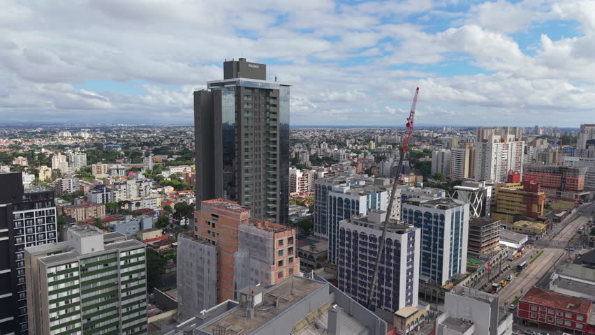Curitiba , Paraná , Brazil - 03 14 2025: Modern skyline of Curitiba, Brazil, featuring high-rise buildings and urban life