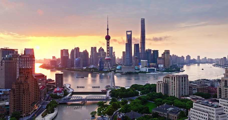 Aerial view of beautiful city skyline and modern buildings scenery at sunrise in Shanghai