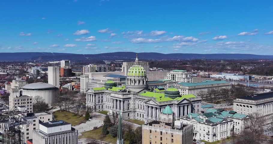 Harrisburg, PA, USA - March 9, 2025:  Winter afternoon video of the downtown Harrisburg skyline.