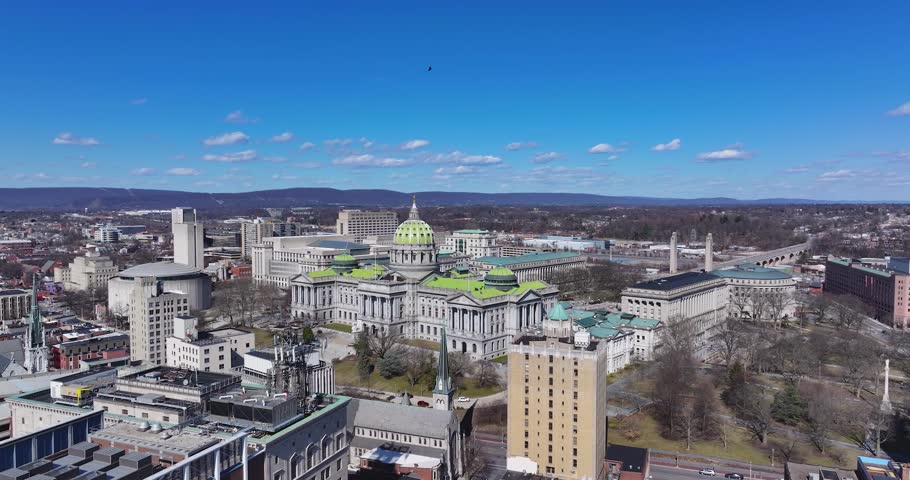 Harrisburg, PA, USA - March 9, 2025:  Winter afternoon video of the downtown Harrisburg skyline.