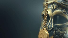 Macro dreamy shot on a Spartan bronze metal helmet, warrior texture face, golden medallion chain, mist lighting, on a rotating stand. smooth crane movement - Powered by Shutterstock - Get 15% off with code: PIKWIZARD15