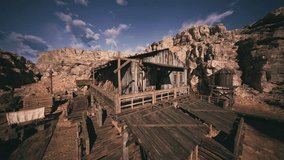 A wooden building stands prominently in a rocky area, surrounded by weathered wooden crates and barrels, beneath a bright blue sky with scattered clouds. - Powered by Shutterstock - Get 15% off with code: PIKWIZARD15