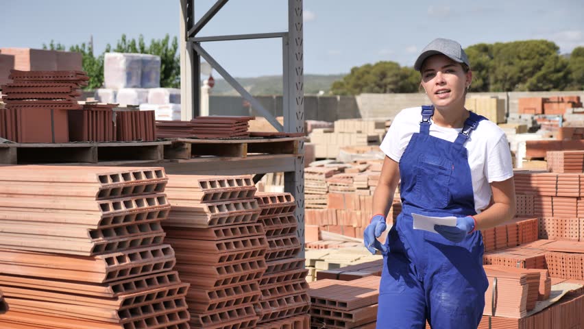 Young woman working in construction material storage. She