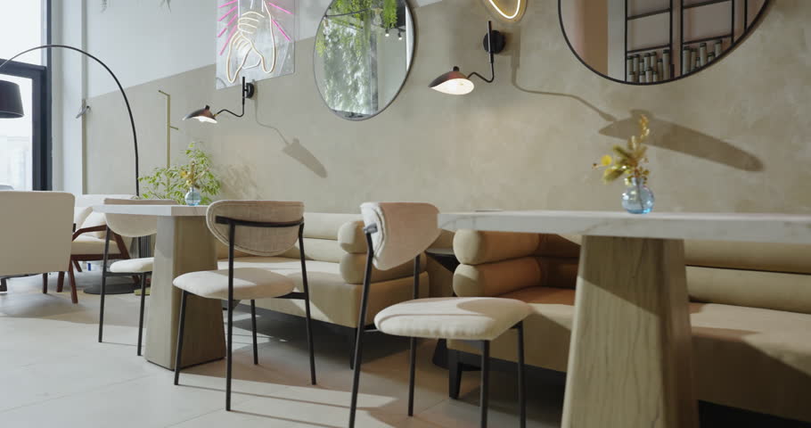 Invitation To New City Cafe, Panoramic View Of Modern Interior, Design And Furniture In Restaurant