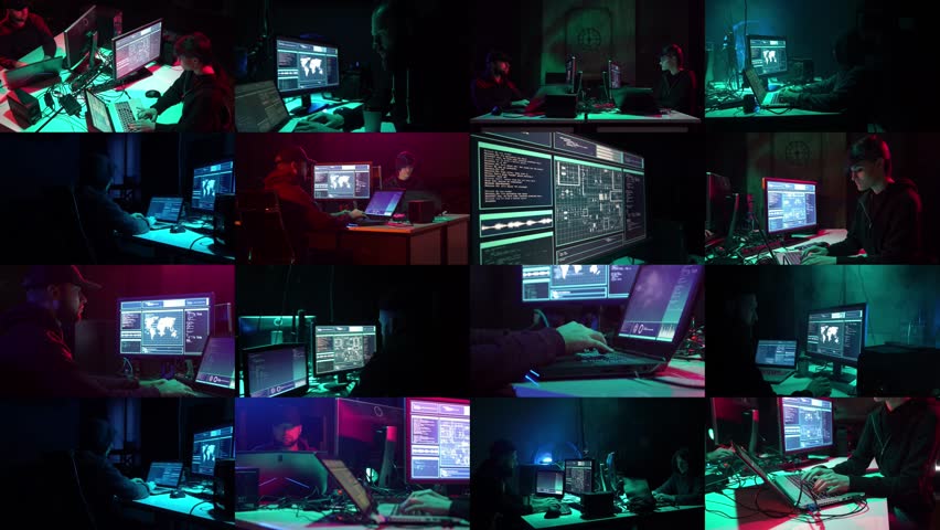 Dynamic Hacker Duo in Dark Room: Cybersecurity Experts. Collage.