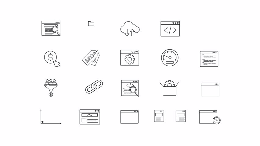 SEO animation set. Search engine optimization animated line icons. Web site ranking improvement tools. Black illustrations on white background. HD video with alpha channel. Motion graphic