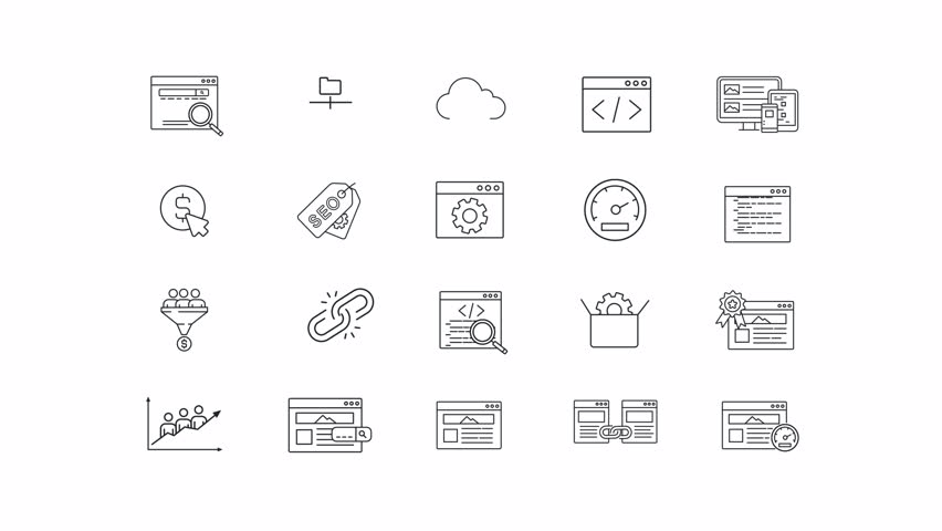 SEO animation set. Search engine optimization animated line icons. Web site ranking improvement tools. Black illustrations on white background. HD video with alpha channel. Motion graphic