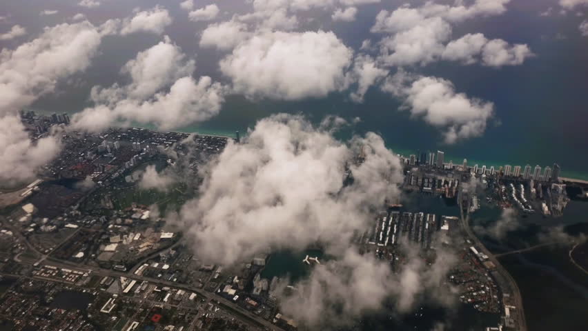 View of Miami coastline from airplane window. 4k day