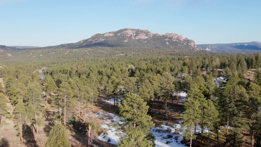 Aerial drone view of the Pike National Forest and Long Scraggy Mountain in winter. Trucking to the rear. Filmed in the Rocky Mountains of Colorado.