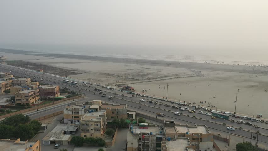 Drone shot of Karachi Clifton. Clifton is an upscale and historic seaside locality in Karachi, Pakistan. It is one of the most affluent parts of the city, home to some of Karachi
