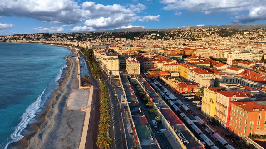 aerial view of Nice resort in French Riviera, Cote d Azur in France, drone shot of Nice town in the south of France, Promenade des Anglais in Nice