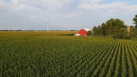 Traditional farm with a red barn and surround by corn field with wind turbines in the background - Powered by Shutterstock - Get 15% off with code: PIKWIZARD15
