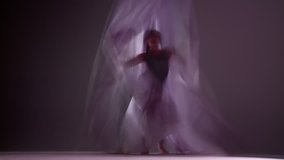 Gymnastic young woman dances with silks. Montage clip created with long shutter speed and various effects to create almost a painted animation feel. Looping clip.
