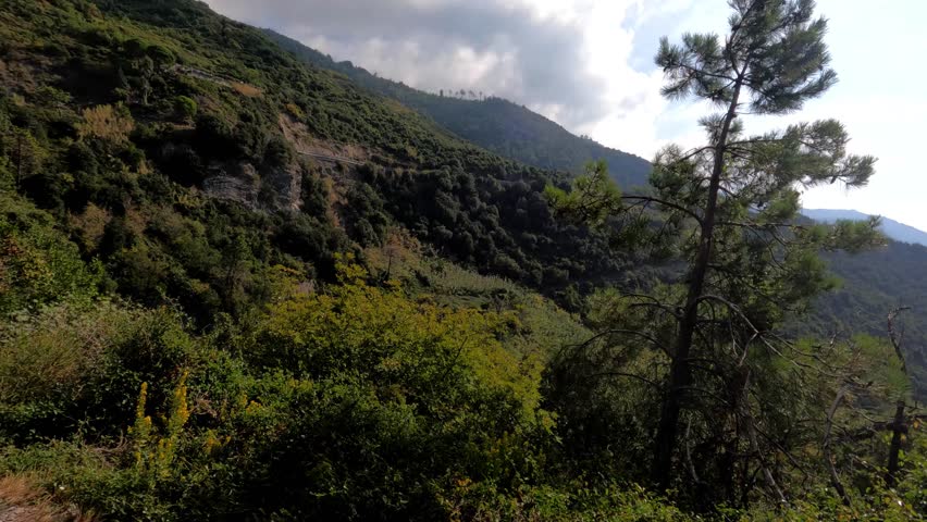 Panoramic view of hills and mountains along Via Beccara, Cinque Terra coastline