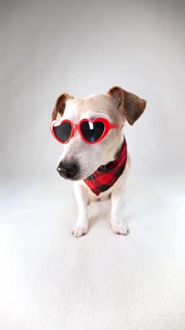 dog in stylish accessories heart-shaped sunglasses and red bandana sits in white studio. turns his head from side to side, saucy trends influencer blogger vertical video footage 