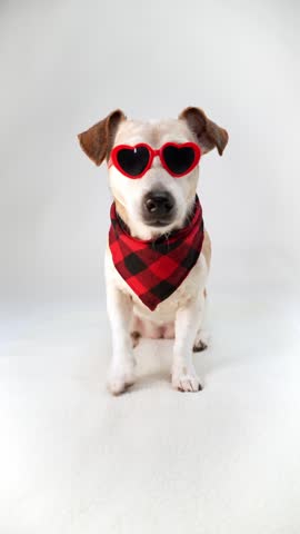 Cool attitude trendy fashion dog sunglasses heart shaped and red scarf  sitting on white background studio licking and looking at camera at you. Fashion blogger pet influencer, vertical video footage