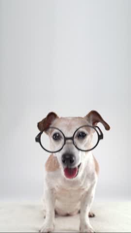 Dog in big glasses sitting on white background in studio. Smiling looking at camera yawning. then leaves the frame. vertical video footage empty space.  senior happy pet Jack Russell terrier portrait