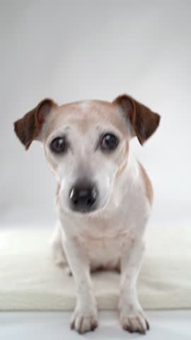 Dog on white vertical video. Cute elderly 15 years old pet Jack Russell terrier sitting on white background staring at the camera looking at you and waiting. Happy calm small dog 