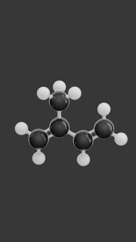 Molecule of Isoprene. Animated chemical 3D Model: Ball and stick. Molecular Formula: C5H8. Gray background. Seamless loop. Vertical screen. 3D rendering.