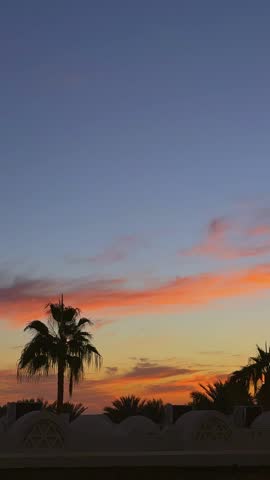 Vertical Timelaps of Sunset over tropical resort with palm trees, at the luxury hotel, Sharm el Sheikh, Egypt