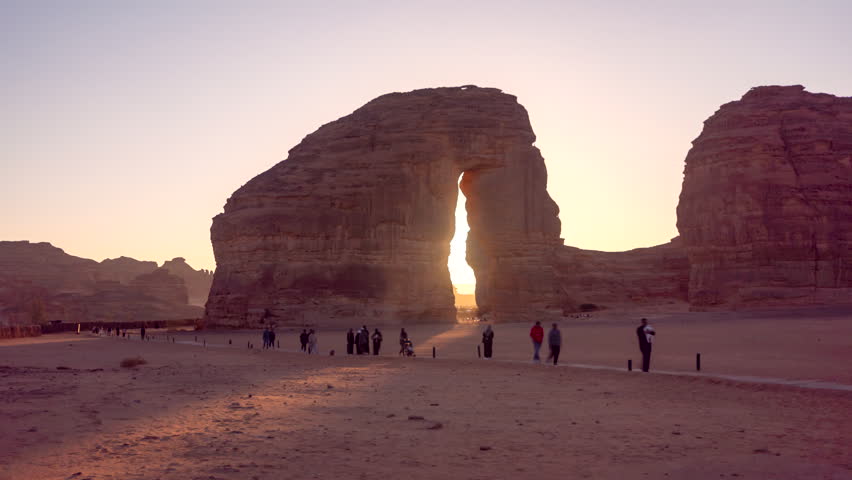 Time lapse of sunset sunrise in Elephant rock in Alula, Saudi Arabia.