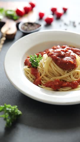 Spaghetti bolognese pasta tomato sauce tasty fresh delicious gourmet food background table rustic food top view copy space