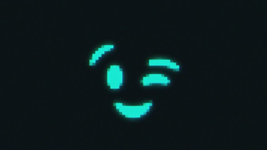 Digital pixelated Winking Face with a glowing cyan color on a dark background, resembling a retro screen display.