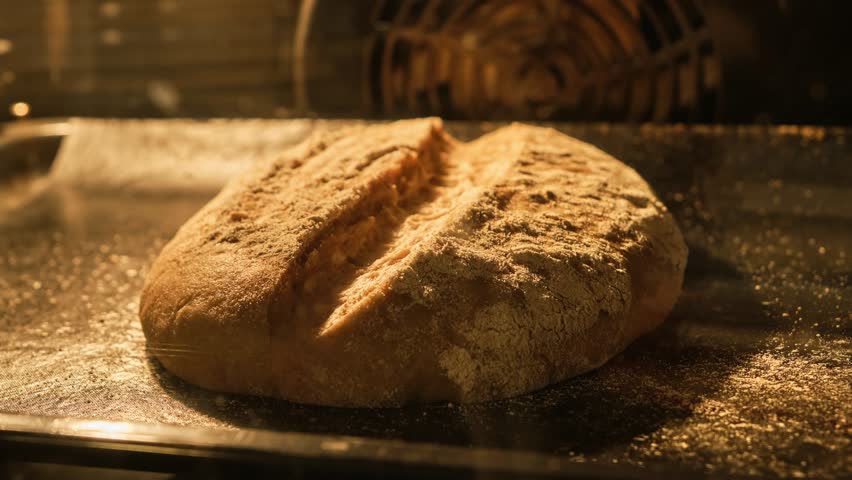 Bread baking in kitchen oven. Homemade organic dough bread. Making bread and eco production. Sourdough bread being baked in oven. Close-up in 4K, UHD