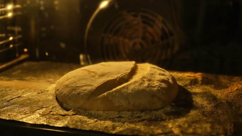 Bread baking in kitchen oven. Homemade organic dough bread. Making bread and eco production. Sourdough bread being baked in oven. Close-up in 4K, UHD