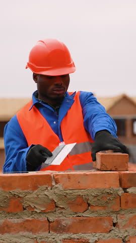 African American builder laying bricks at townhouse construction site
