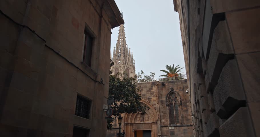 Scenic walk through Barcelona Gothic Quarter: Ancient alleys, historic buildings, and stunning architecture in the heart of Catalonia, Spain iconic tourist area. High quality 4k footage