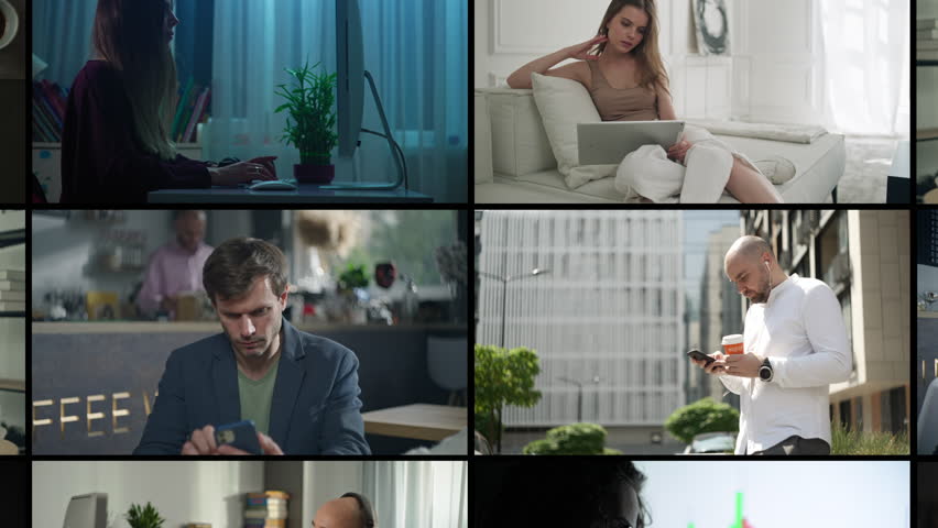 Compilation of people working online: Remote work in cafes, home offices, and outdoor areas, business communication via video calls, internet based collaboration. High quality 4k footage - Powered by Shutterstock - Get 15% off with code: PIKWIZARD15