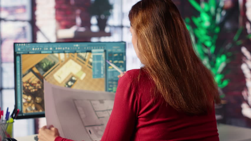 Graphic artist uses architectural software and blueprints to create 3D render of a home interior. Program allows to configure furniture and other design elements for a virtual layout. Camera A.