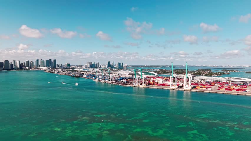 Cargo port with container. Port of Miami. Miami aerial view. Aerial view on Miami port in Florida. Miami aerial view. Cargo container of port with cityscape