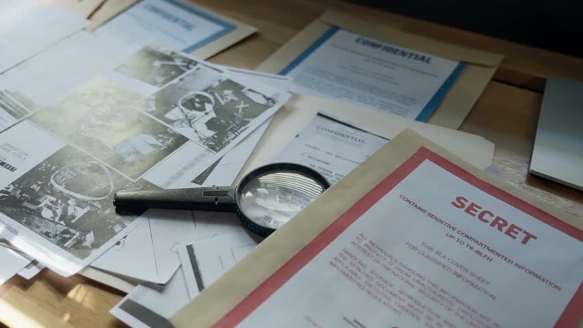 Secret and confidential folders on a cluttered office desk with magnifying glass. Espionage investigation and classified intelligence research. Special agent checking files or spy working on leaking