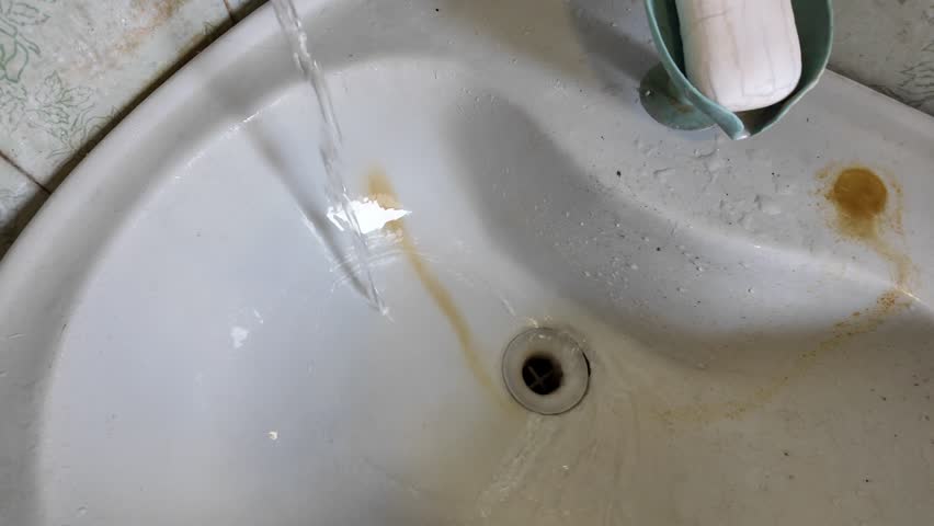 dirty sink. water from the tap runs into the sink. rust on the sink. slow motion high definition video.