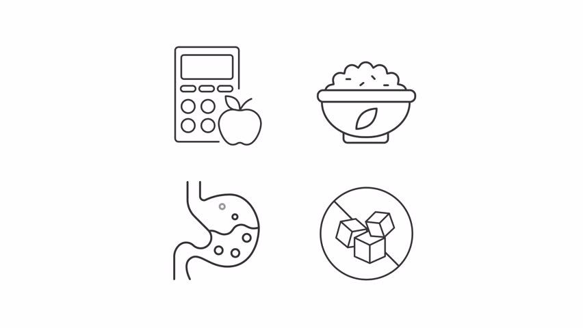 Calories control animation set. Dieting animated line icons. Digestion system. Nutrition, healthcare. Black illustrations on white background. HD video with alpha channel. Motion graphic