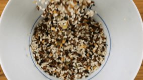 Salad seed mix is ​​poured into a white ceramic bowl. Sesame, flax, caraway, sunflower and pumpkin seeds. Top view. Slow motion. - Powered by Shutterstock - Get 15% off with code: PIKWIZARD15