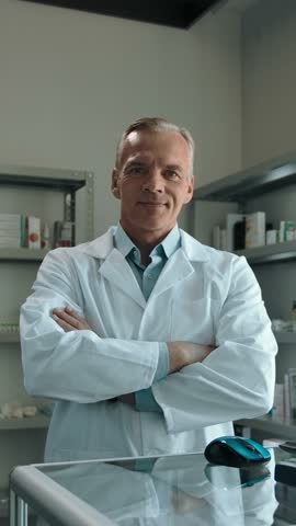 Caucasian man checks medicine and looks at the camera at the drugstore. Confident pose with crossed arms Showcase with medicines, pills and ampoules in the background. Vertical shot.
