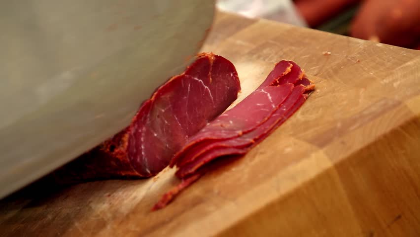 sliced pastirma, wooden, table, isolated, cured beef, air-dried,  roasted, raw, tasty, appetizer, beef cuts, bacon isolated, ramadan, iftar, dry, closeup, bacon, fillet, food, turkish, sliced,