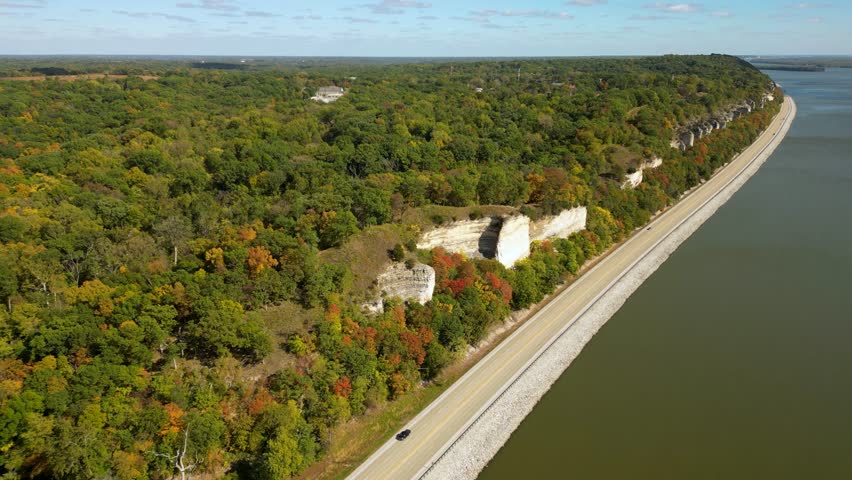 A Shot of the river bluffs that run along the Mississippi River in Southern Illinois. The Great River Road runs along the foot of the bluffs.