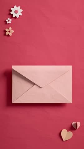 A blank card comes out from inside an envelope, surrounded by hearts and flowers in paper cut style. Video background for social media post, love messages, Mothers Day or Valentines in 3D animation