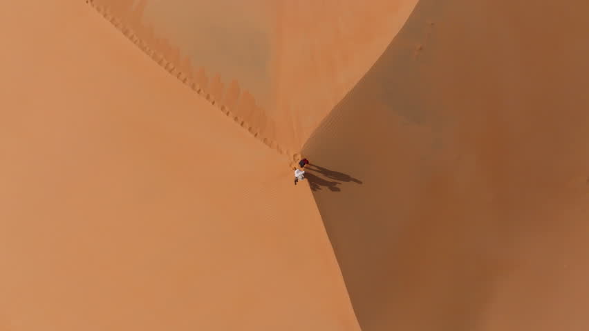 High aerial view of people on the highest dune in the Empty Quarters, Oman, in summer
