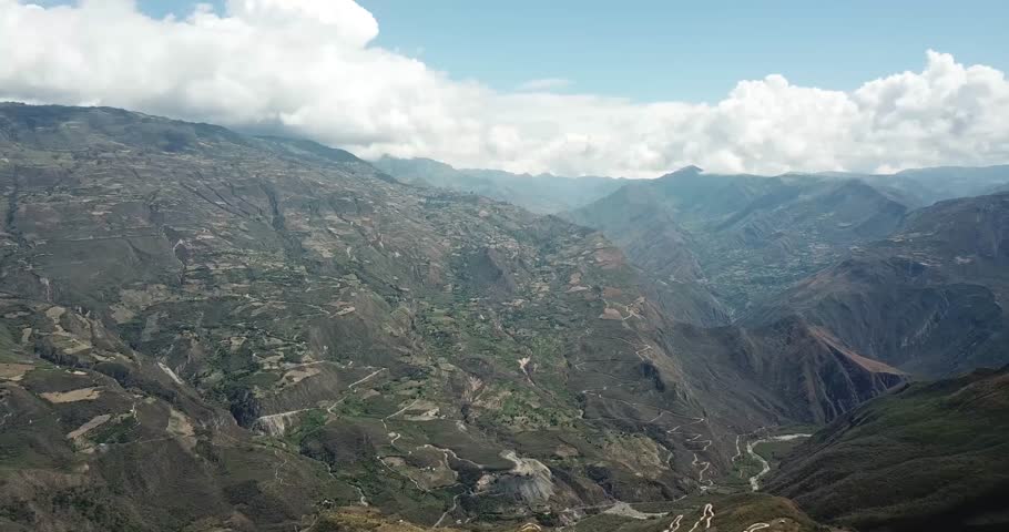 Drone image capturing the stunning Andean mountain range as seen from Huasmin. The vast valleys, winding roads, and rugged terrain create a dramatic landscape showcasing the beauty of Peru’s highlands