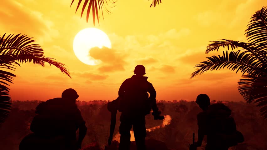 Silhouettes of American soldiers in Vietnam after a battle, waiting for helicopter evacuation against the backdrop of sunset over the jungle. 3D animated background for Memorial Day.